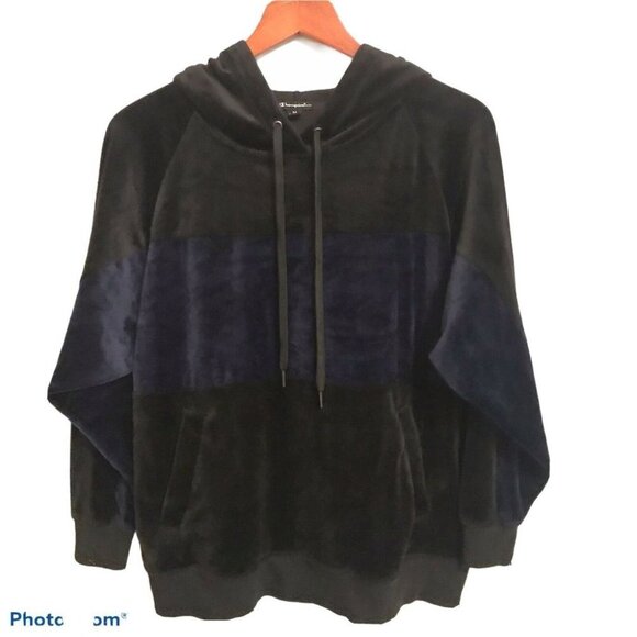 Champion Elite Velour Hoodie Sweatshirt Medium Black Navy Blue Color blo… - Picture 1 of 8